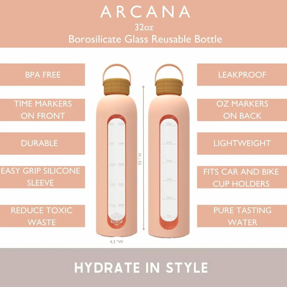 Glass Water Bottle With Time Marker and Silicone Sleeve, Dusty Rose Pink, 32oz